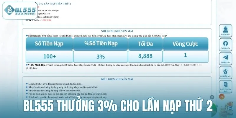 BL555 thưởng 3% cho lần nạp thứ 2