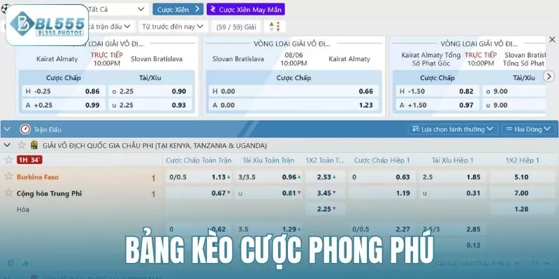 Hệ thống cung cấp bảng kèo phong phú để lựa chọn